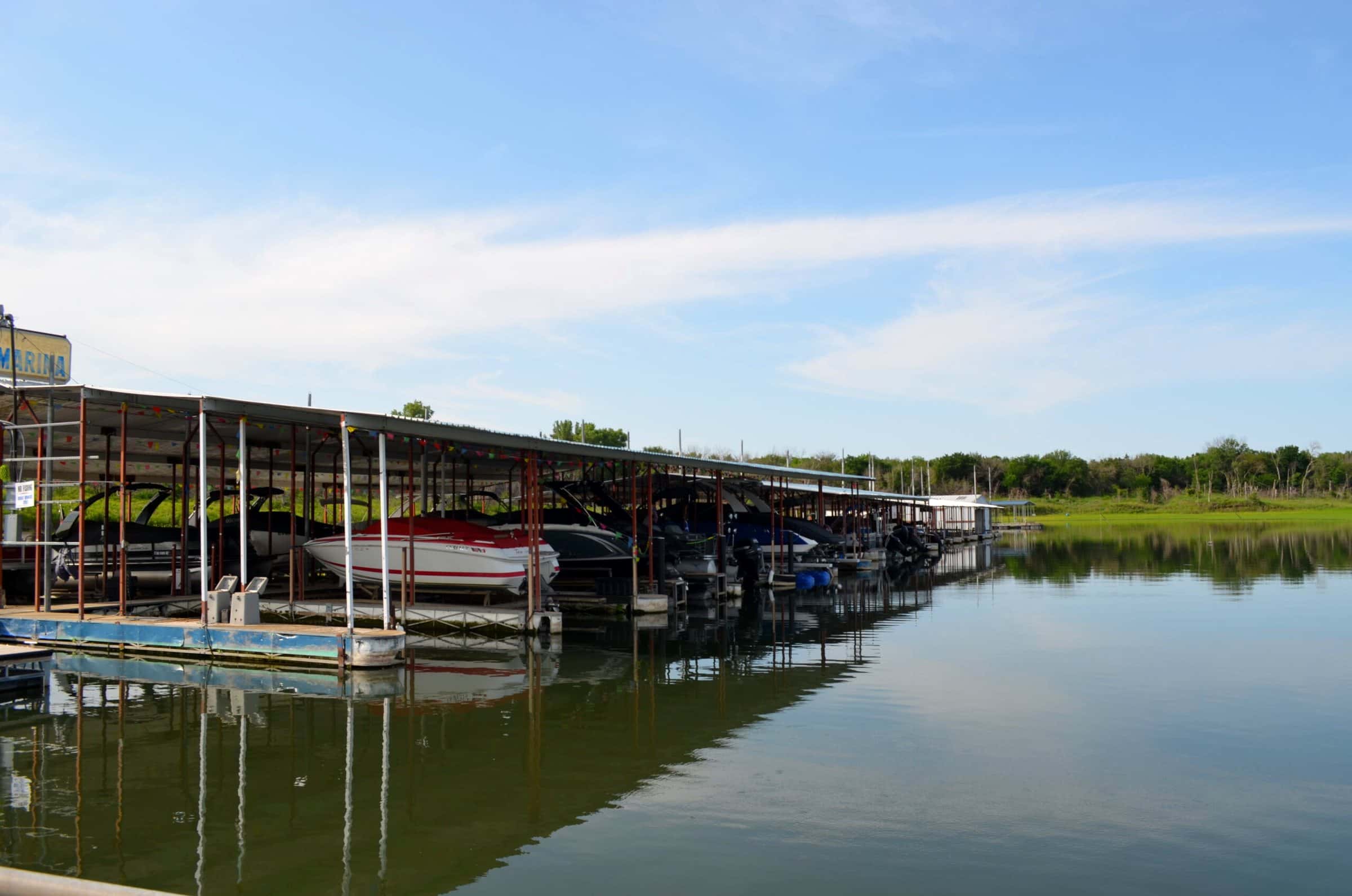Covered boat slips on A dock at Thunderbird Marina